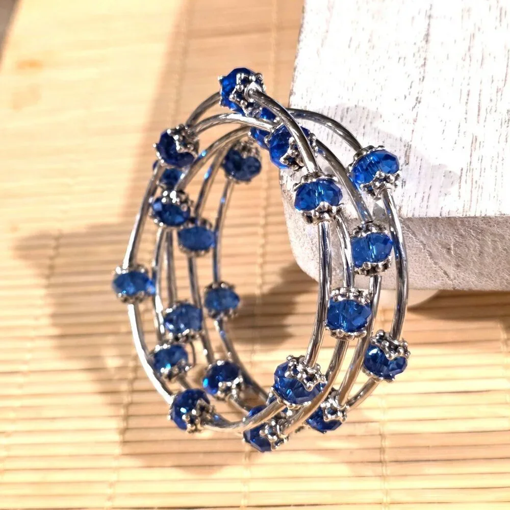 Silver Tone Crystal Wrap Bracelet With Blue Faceted Beads & Filigree Details